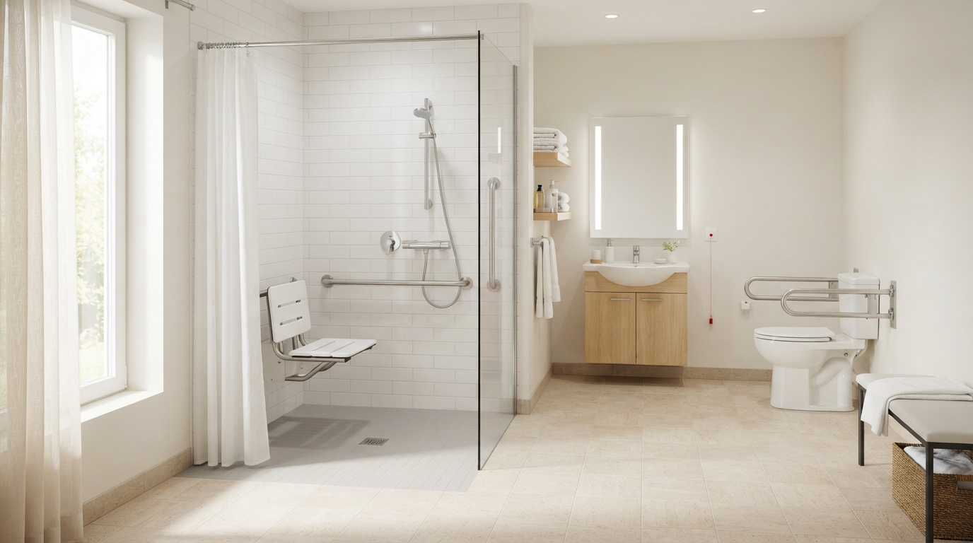 Salle de bain accessible senior, douche de plain-pied avec barre d'appui et siège, carrelage clair, lumineuse